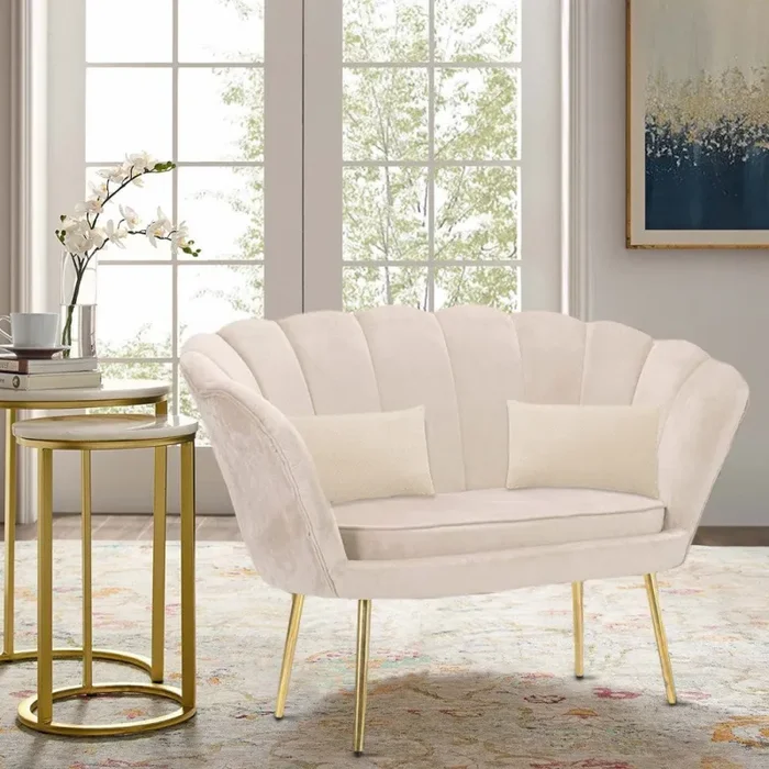 Divano salotto 122x73x78 cm 2 Posti in Velluto Seduta a Conchiglia Lola Beige - immagine 2
