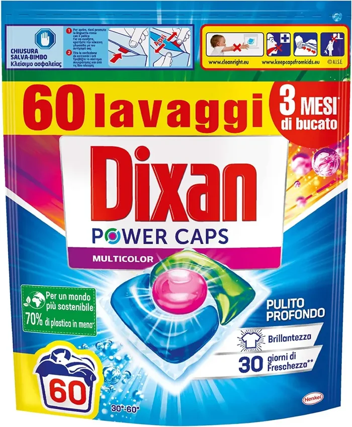 Dixan PowerCaps Multicolor, Detersivo Lavatrice Capsule, Ideale per capi colorati, 60 lavaggi – 900 g Online ora