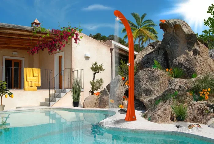 Doccia Solare da Esterno Giardino 20L Miscelatore e Lavapiedi Arkema Happy One Cherry - immagine 2