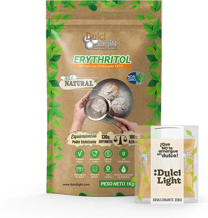 Dolcificante Eritritolo 1kg 100% Naturale 0 Calorie DulciLight Zero | 5 bustine di regalo di dolcificante Bruno | DulciLight Il sapore naturale dello zucchero | Ideale per keto diet