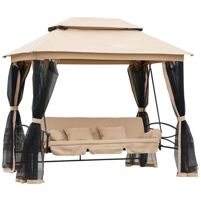 Dondolo 3 Posti 256x172x248 cm con Copertura a Gazebo e Zanzariera Beige e Nero Fornitura
