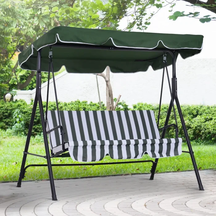 Dondolo 3 Posti da Giardino 172x110x152 cm in Acciaio e Tessuto Verde e Bianco - immagine 2