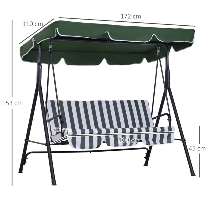 Dondolo 3 Posti da Giardino 172x110x152 cm in Acciaio e Tessuto Verde e Bianco - immagine 3