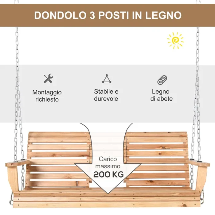 Dondolo 3 Posti Sospeso 150x75x53 cm con Tavolino Pieghevole in Legno - immagine 3