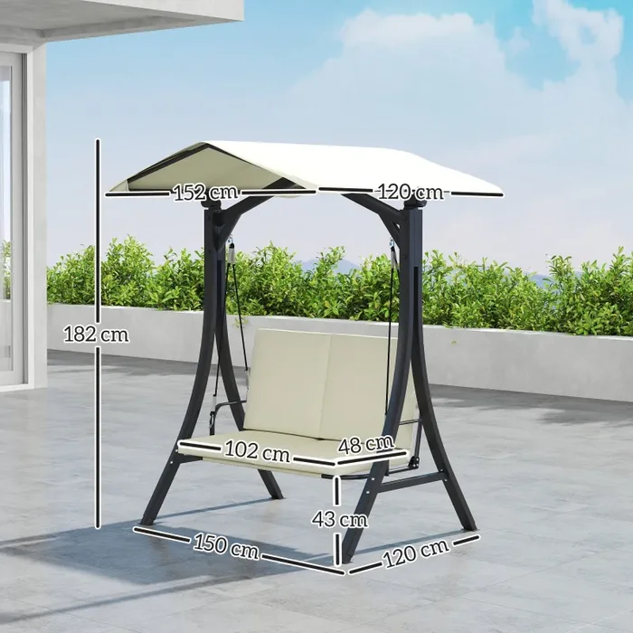 Dondolo da Giardino 2 Posti 150x120x182 cm con Tettuccio Regolabile Crema - immagine 3