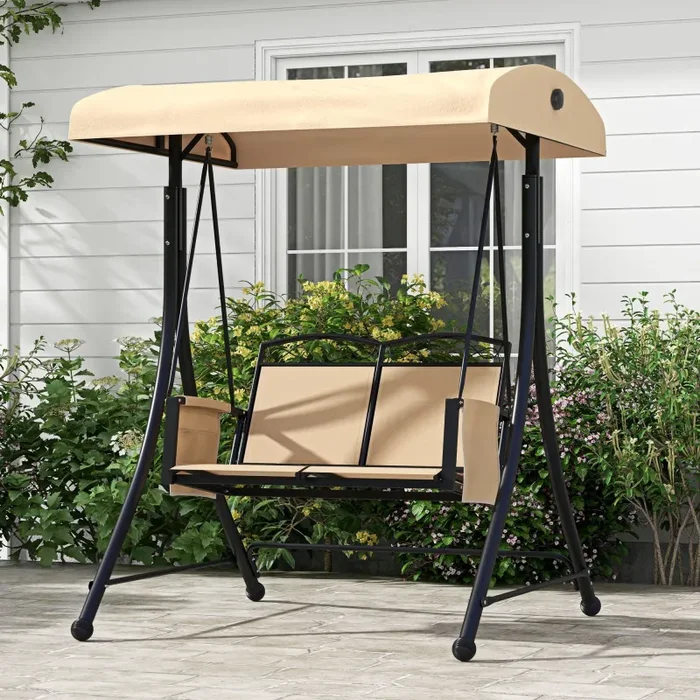 Dondolo da Giardino 2 Posti con Tetto Parasole Regolabile e Tasche Laterali Beige - immagine 2
