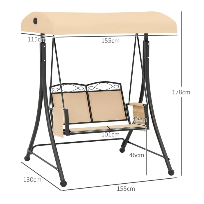 Dondolo da Giardino 2 Posti con Tetto Parasole Regolabile e Tasche Laterali Beige - immagine 3