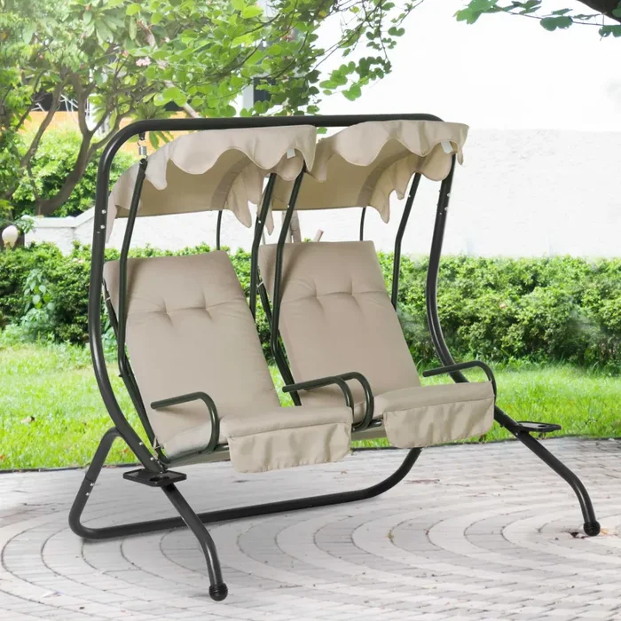 Dondolo da Giardino 2 Posti con Tettuccio Parasole e Vassoio Porta Bevande in Acciaio Beige Moda - immagine 2