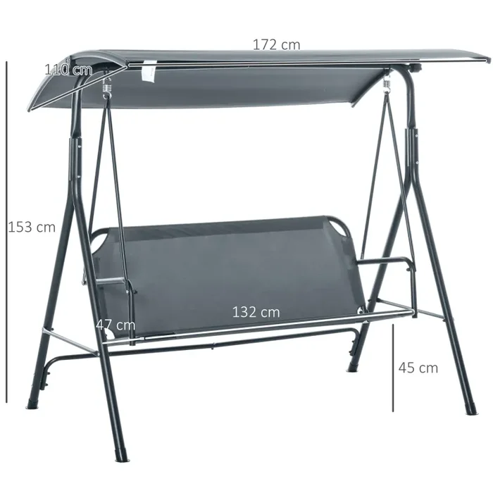 Dondolo da Giardino 3 Posti 172x110x153 cm con Tettuccio Inclinabile Grigio - immagine 3