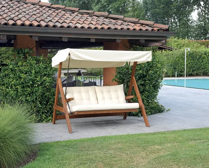 Dondolo da Giardino 3 Posti 190x120x180 cm in Legno con Cuscini Ecrù - immagine 2