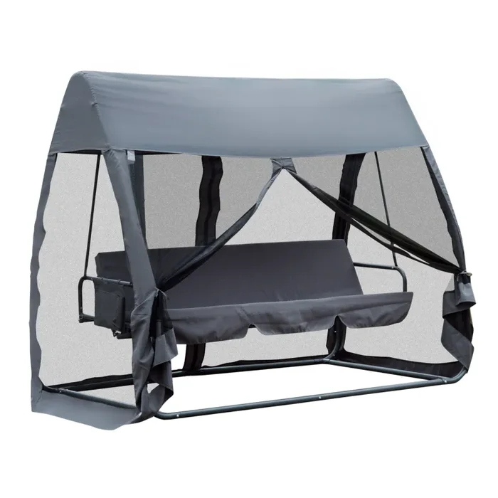Dondolo da Giardino 3 Posti in Ferro con Zanzariera e Cuscino Grigio
