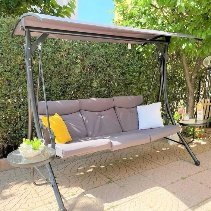 Dondolo da Giardino 3 Posti in Metallo con 2 Tavolini Grigio Moda - immagine 2
