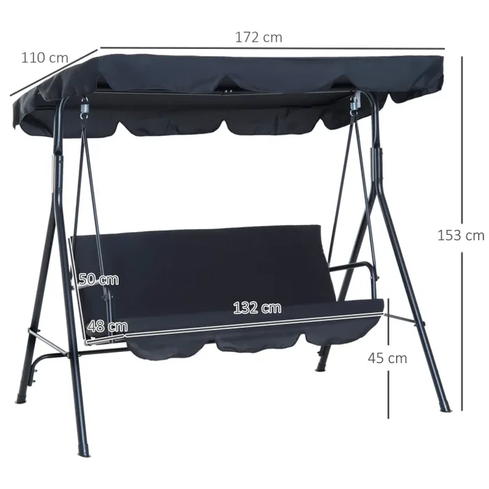 Dondolo da Giardino a 3 Posti con Tettuccio Parasole Inclinabile in Acciaio Nero - immagine 3