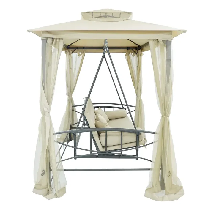 Dondolo Letto 3 Posti 255x175x250 cm con Copertura a Gazebo e Zanzariera Beige - immagine 2