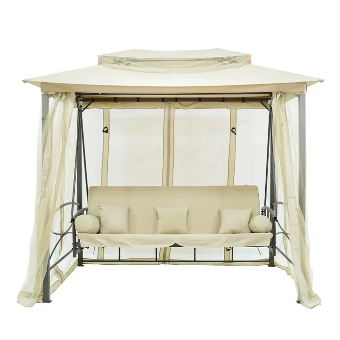 Dondolo Letto 3 Posti 255x175x250 cm con Copertura a Gazebo e Zanzariera Beige - immagine 3