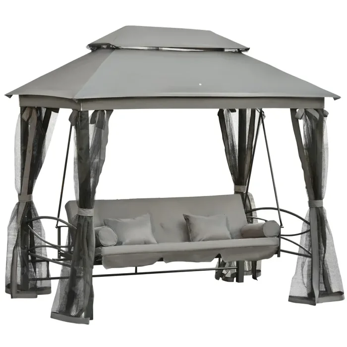 Dondolo Letto 3 Posti con Gazebo da Giardino 256x172x248 cm con Zanzariera e Cuscini Grigio