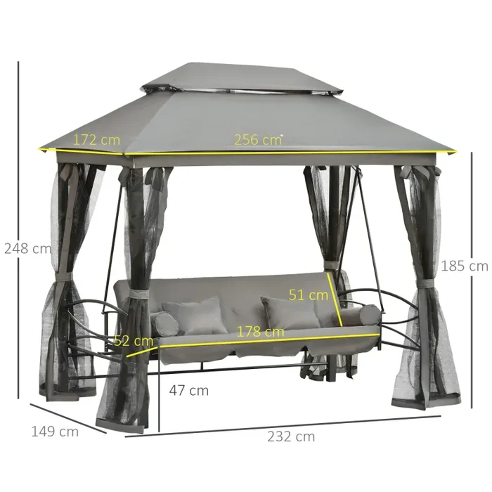 Dondolo Letto 3 Posti con Gazebo da Giardino 256x172x248 cm con Zanzariera e Cuscini Grigio - immagine 3