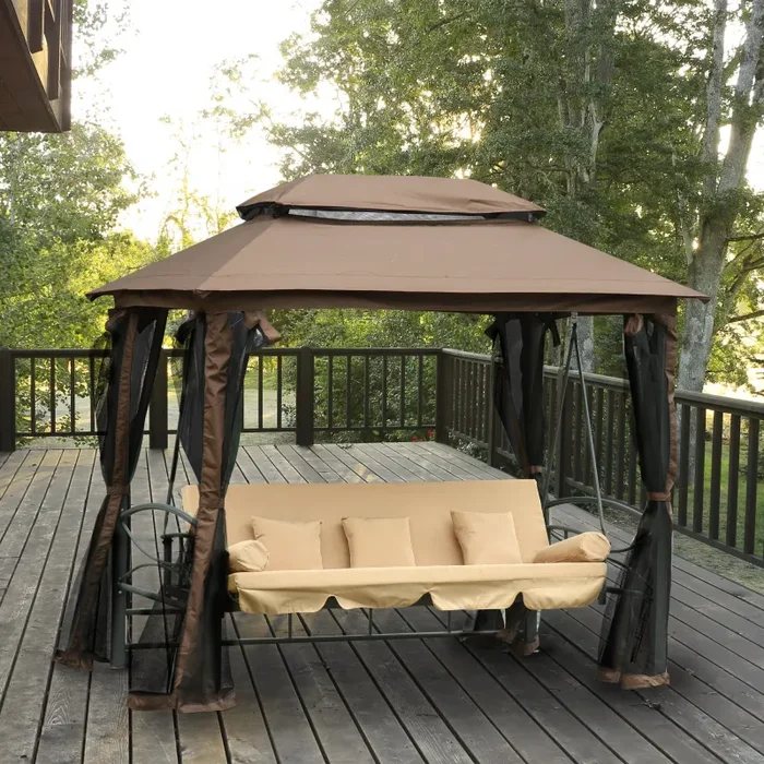 Dondolo Letto 3 Posti con Gazebo da Giardino 257x175x240 cm con Zanzariera e Cuscini Beige - immagine 2