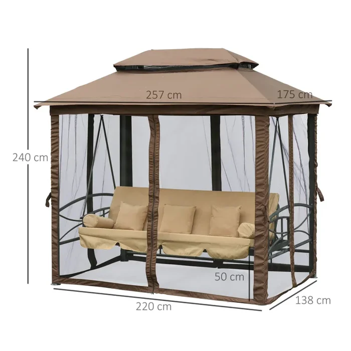 Dondolo Letto 3 Posti con Gazebo da Giardino 257x175x240 cm con Zanzariera e Cuscini Beige - immagine 3
