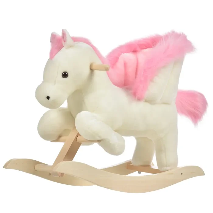 Dondolo per Bambini in Legno Cavallo in Peluche Bianco e Rosa