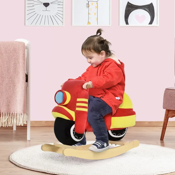 Dondolo per Bambini in Legno Moto in Peluche 60×25,5×48 cm con Suoni Rosso e Giallo Vendita online - immagine 2