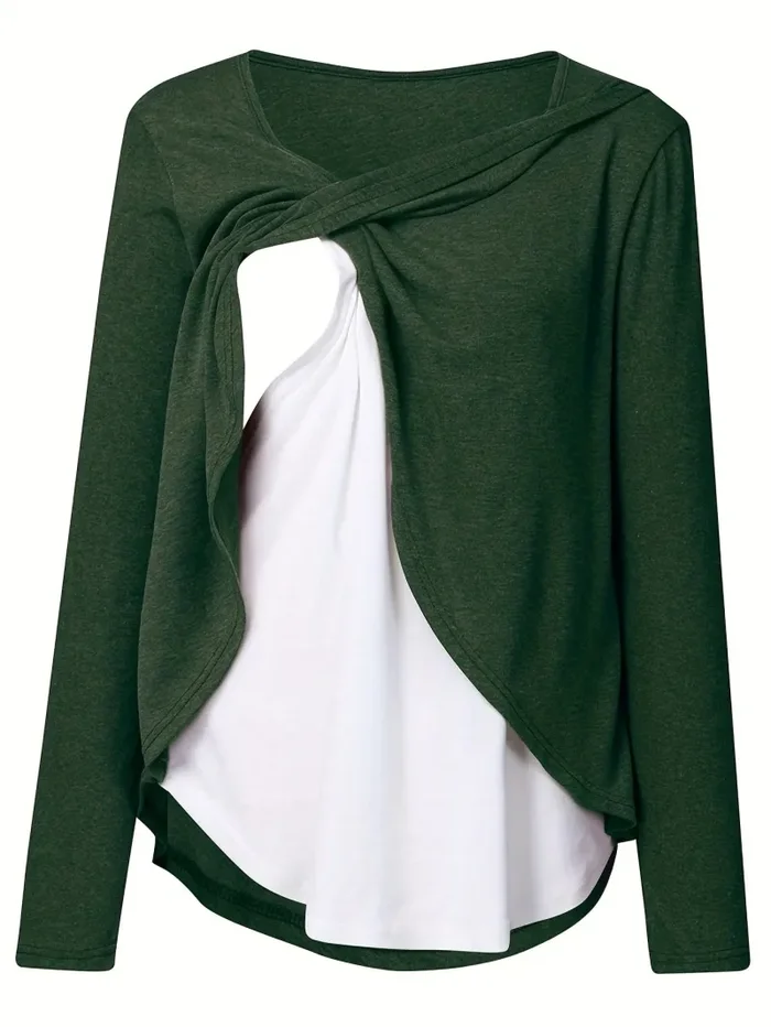 Donna Maternità Trendy Maglietta Color Block Due Pezzi, Allattamento & Postpartum Tees Front Open, Crew Neck Elegante Loose Mid Stretch Gravidanza Manica Lunga Top Per Outdoor