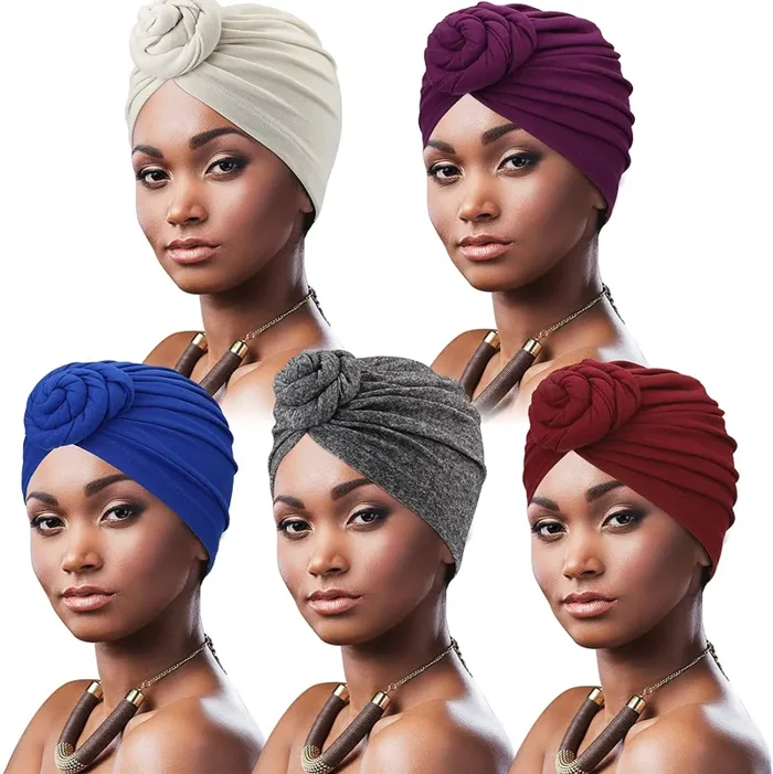 DRESHOW 5 Pezzi Donne Africana Turbante Sciarpa Avvolge Testa Boho Turbante Elastico Annodato Berretto Pre-annodato Berretto Chemio Cappello 5 Pack Donuts: Hemp Ash, White, Royal Blue, Purple, Wine - immagine 2