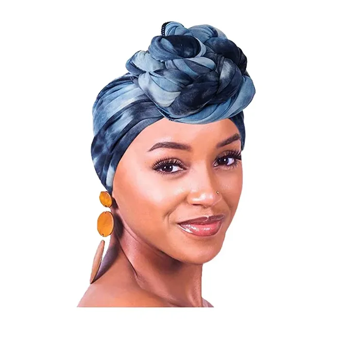 DRESHOW 5 Pezzi Donne Africana Turbante Sciarpa Avvolge Testa Boho Turbante Elastico Annodato Berretto Pre-annodato Berretto Chemio Cappello 1pcs (Navy Blue+blue)