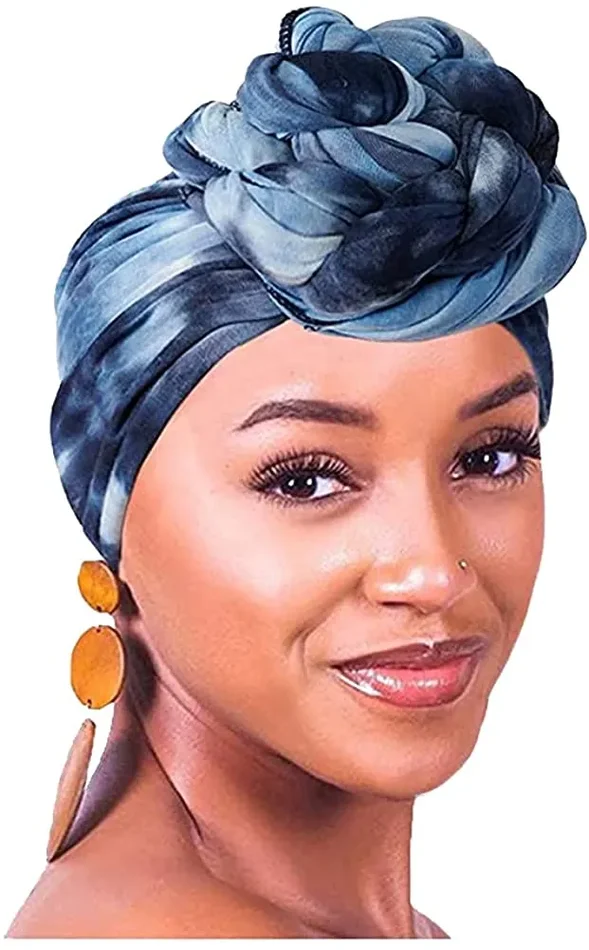 DRESHOW 5 Pezzi Donne Africana Turbante Sciarpa Avvolge Testa Boho Turbante Elastico Annodato Berretto Pre-annodato Berretto Chemio Cappello 1pcs (Navy Blue+blue) - immagine 2