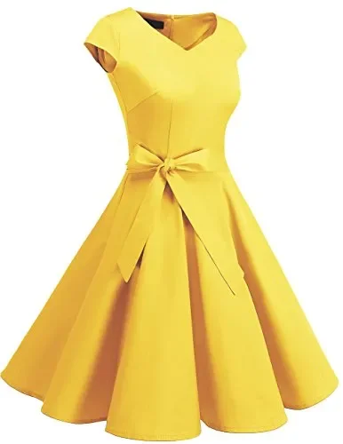 DRESSTELLS Vestito Donna 1950 Vintage Audrey Hepbun a Maniche Corte M, Giallo - immagine 2