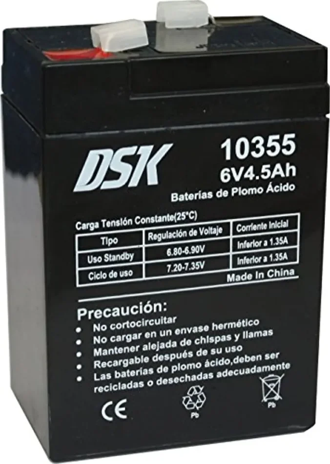 DSK 10355 – Batteria al piombo sigillata AGM ricaricabile da 6V 4,5 Ah. Ideale per allarmi domestici e industriali, giocattoli elettrici, recinzioni, bilance e dispositivi per la mobilità, Nero