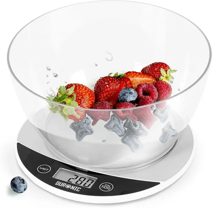 Duronic KS3000 Bilancia da cucina display digitale – Bilancia ad alta precisione – Portata 1g / 5 kg con ciotola da 2L – Piattaforma argento e bianca – Funzione Tara – Per cucina e pasticceria