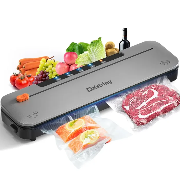 DXstring Macchina Sottovuoto Alimenti, 5 in 1 Automatica Macchina Sottovuoto con 15 Sacchetti Sottovuoto Alimenti, Sigillatrice Sottovuoto per Alimenti Freschi sia Secchi Che Umidi, Vuoto Esterno