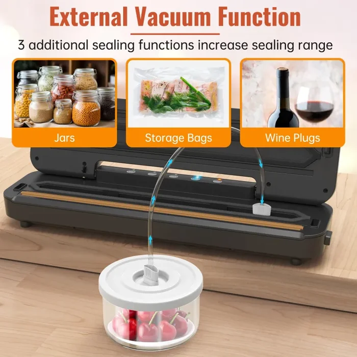 DXstring Macchina Sottovuoto Alimenti, 5 in 1 Automatica Macchina Sottovuoto con 15 Sacchetti Sottovuoto Alimenti, Sigillatrice Sottovuoto per Alimenti Freschi sia Secchi Che Umidi, Vuoto Esterno - immagine 2