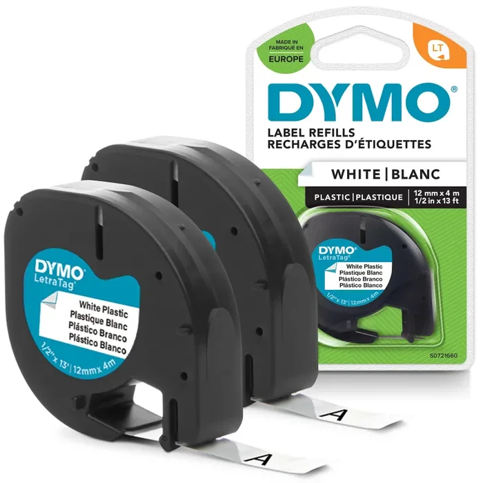 Dymo LetraTag etichette originali in plastica – rotolo da 12 mm x 4 m – stampa nera su bianco – LT etichette autoadesive per etichettatrice LetraTag – 2 pezzi