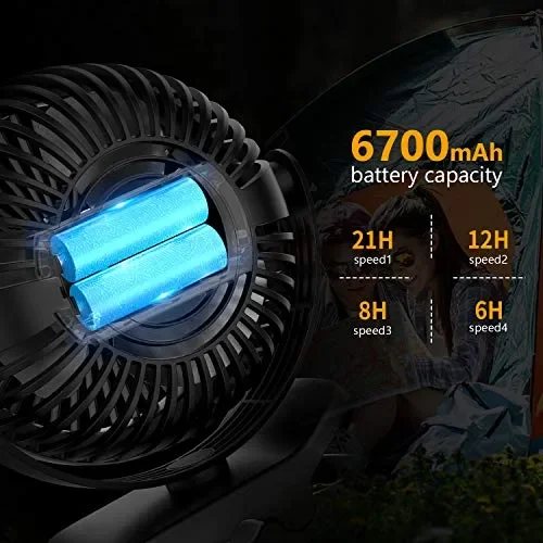 EasyAcc Ventilatore Clip da Campeggio,6700mAh USB 6700mAh, Nero - immagine 2