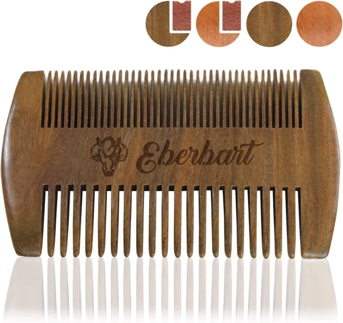 Eberbart Pettine barba legno uomo (Legno Sandalo + Custodia) – Pettine baffi tascabile per la cura della barba inl. custodia in pelle sintetica + eBook gratuito