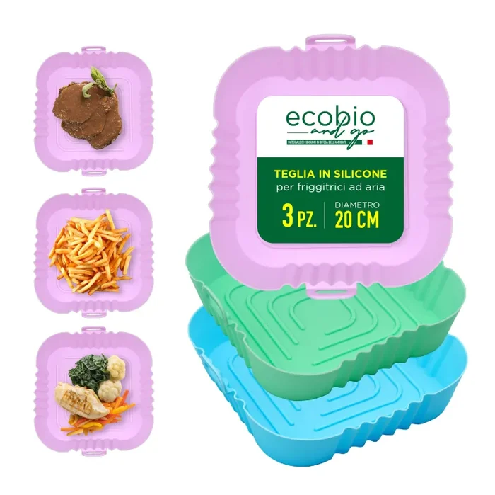 ECOBIO and GO 3 Teglie in Silicone per Friggitrice ad Aria, Qualità e Resistenza con più spessore, Diametro interno 16 esterno 19 Cm Accessori indispensabili per cucinare in modo sano e gustoso