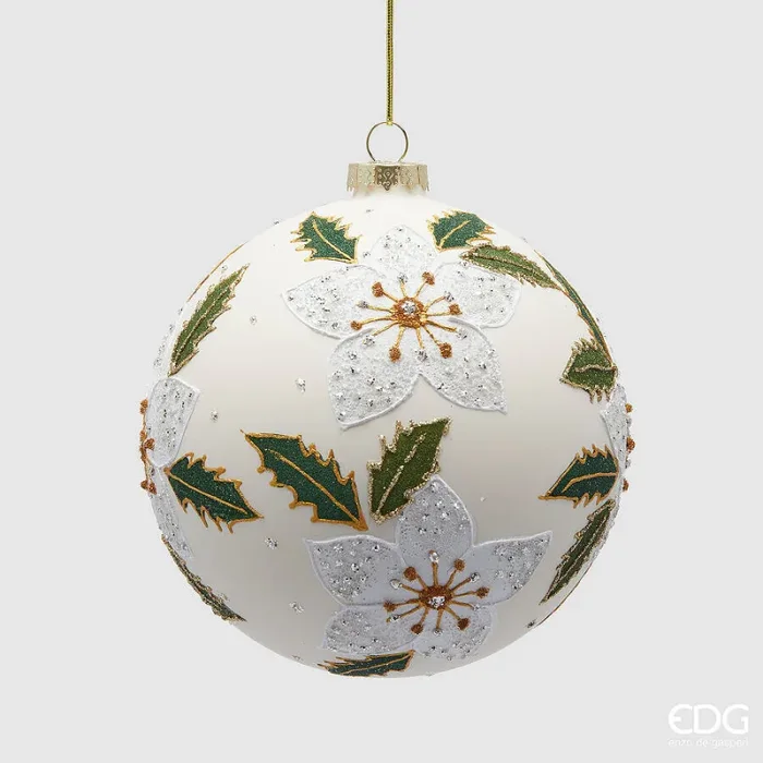 EDG Enzo De Gasperi Addobbo Natale Palla Fiore Vetro D 12 Cm White Green 1 Pz
