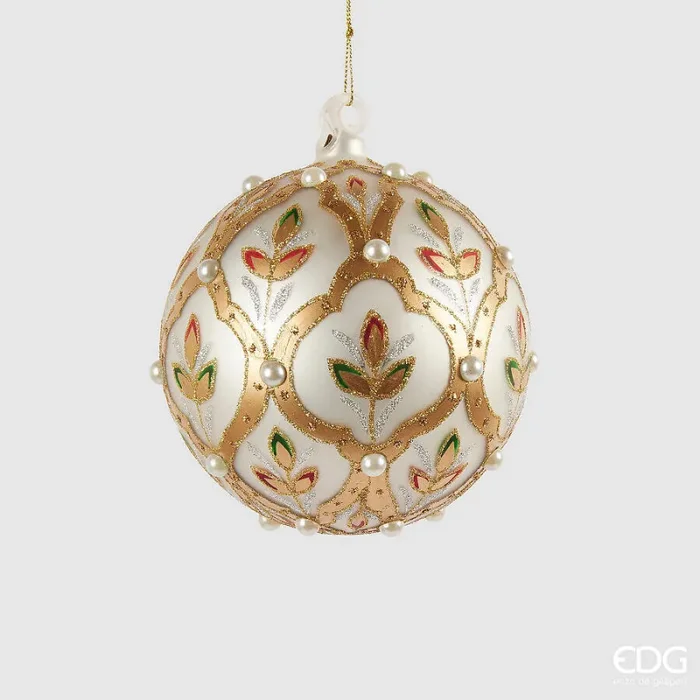 EDG Enzo De Gasperi Addobbo Natale Palla Vetro Fiori D 10 Cm White Gold 1 Pz