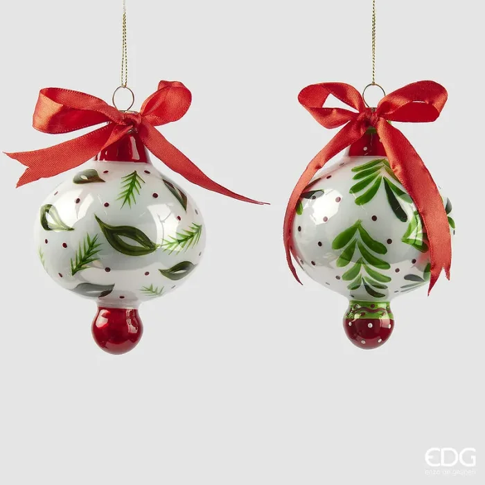 EDG Enzo De Gasperi Addobbo Natale Trottola Foglie Vetro H 12 Cm D 8 Cm Ass. Green Red 1 Pz