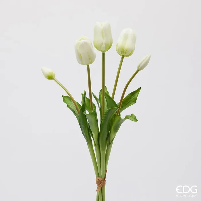 EDG Enzo De Gasperi Bouquet 5 Tulipani con Foglie Artificiali H 48 Cm White