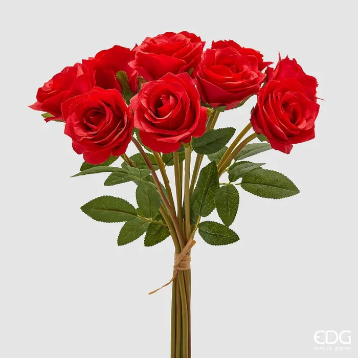 EDG Enzo De Gasperi Mazzo Rosa con Foglie H 40 Cm Bouquet 10 Fiori Red