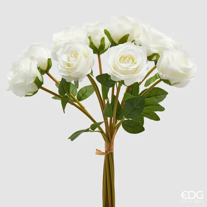 EDG Enzo De Gasperi Mazzo Rosa con Foglie H 40 Cm Bouquet 10 Fiori White In saldo