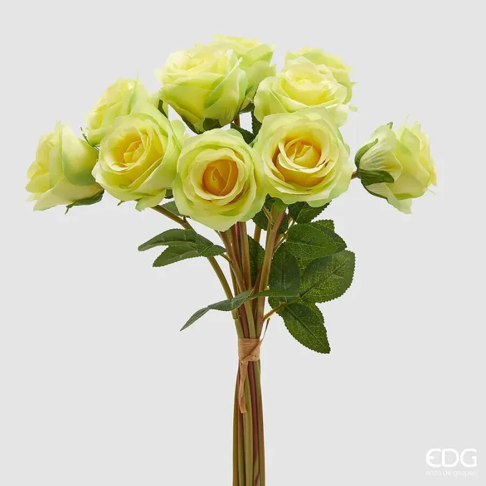 EDG Enzo De Gasperi Mazzo Rosa con Foglie H 40 Cm Bouquet 10 Fiori Yellow Green
