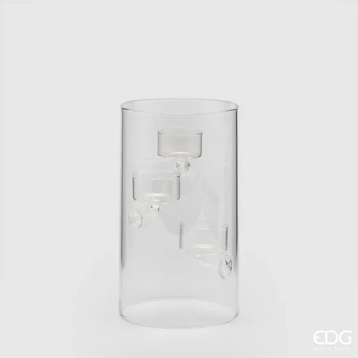 EDG Enzo De Gasperi Portacandela a Cilindro con 3 Supporti H 20 Cm D 12 Cm Vetro Natural Trasparente Fornitura