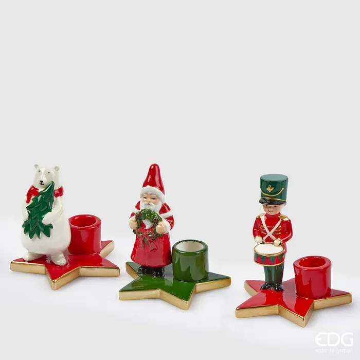 EDG Enzo De Gasperi Portacandela Babbo Natale Soldatino Orso H 11 Cm Rosso Verde 1 Pz