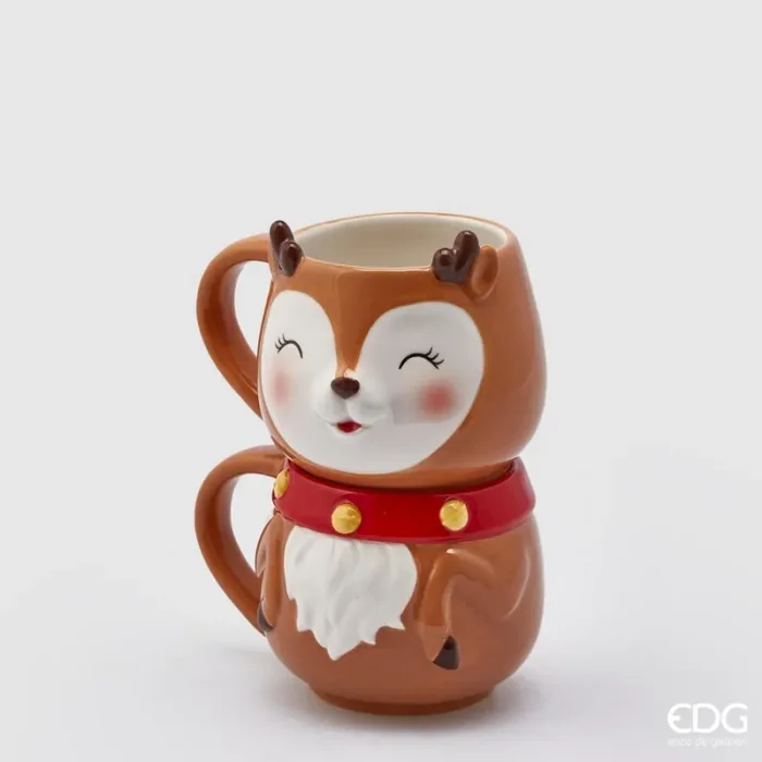 EDG Enzo De Gasperi Set 2 Tazze Renna Natale Impilabili H 18 Cm D 10 Cm White Brown Vendita calda