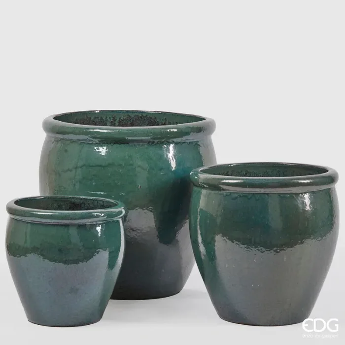 EDG Enzo De Gasperi Set 3 Pz Vaso Glaze Bombato H 65 Cm H 50 Cm H 40 Cm Dark Green Waterproof