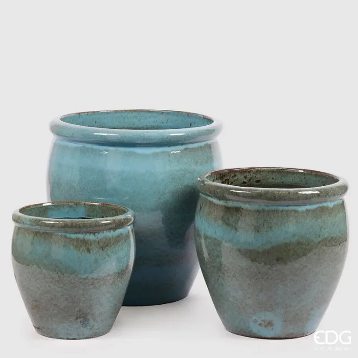 EDG Enzo De Gasperi Set 3 Pz Vaso Glaze Bombato H 65 Cm H 50 Cm H 40 Cm Turquois Waterproof